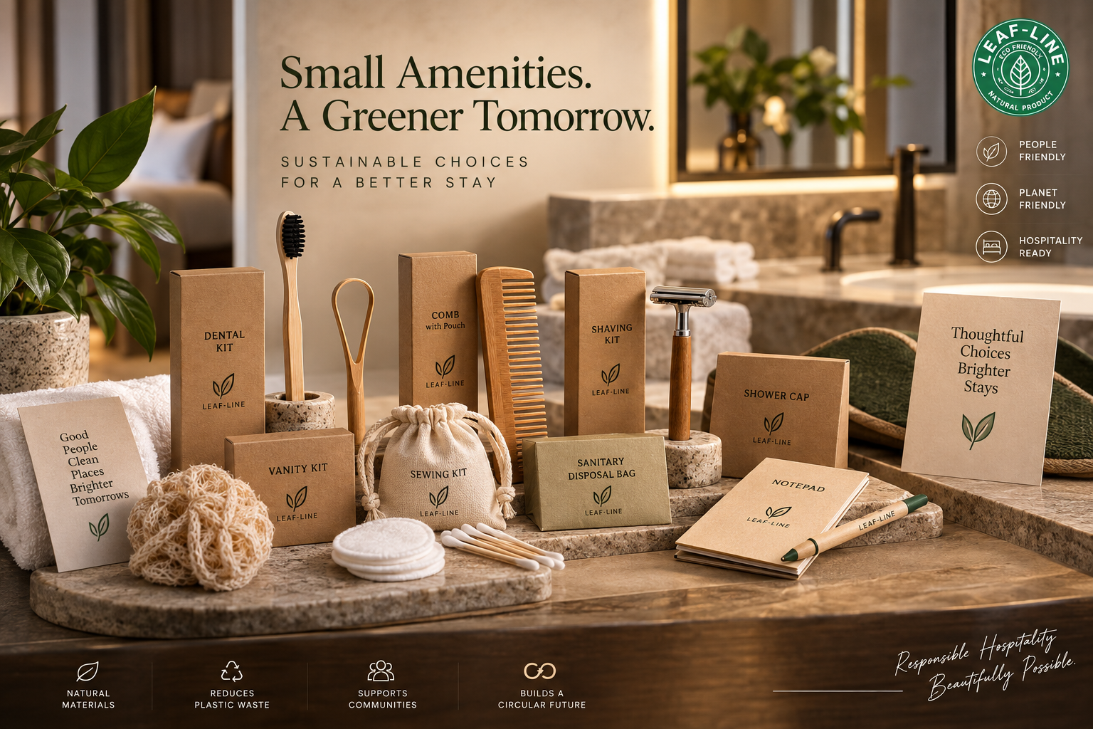 Leaf-Line sustainable hotel amenity kit including a bamboo dental kit, comb, shaving kit and shower cap arranged on a hotel bathroom counter